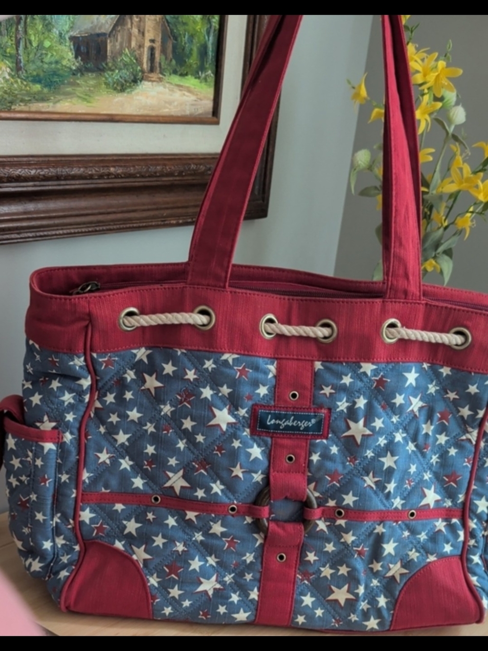 Longaberger Red and Blue Star Canvas Tote